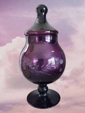 Vintage Amethyst Etched Glass Empoli Apothecary Pedestal Jar-MCM Italian